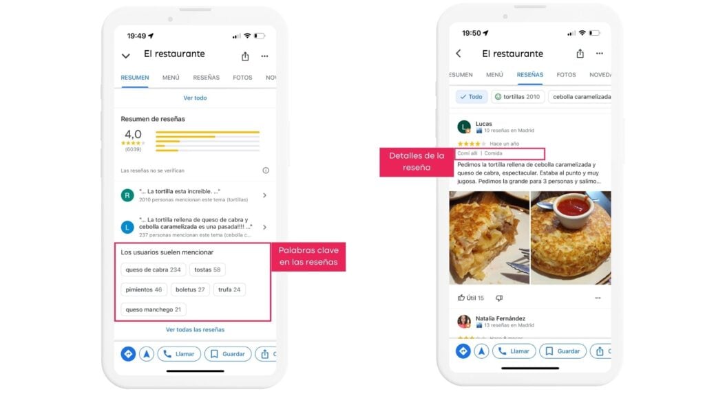 Reseñas de Google en los restaurantes con imágenes en 
